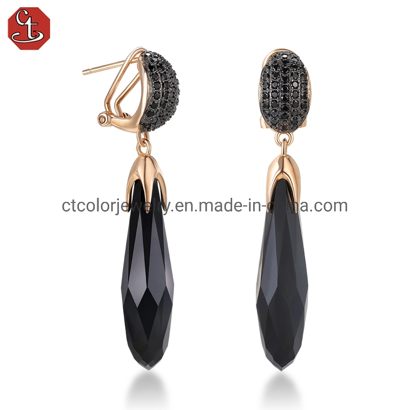 Hot Sale Fashion Jewelry 925 Silver Long Black Crystal Drop Earrings Jewellry